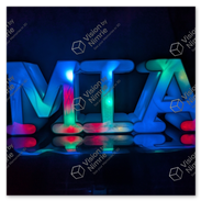 Auf einem Sockel gedruckte Buchstaben "Mia".<br />Von innen bunt beleuchtet.<br />Blaues Filament.<br />Gedruckt mit 0,4 mm Düse